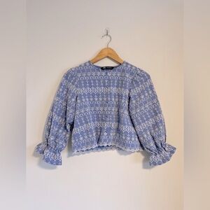 Smocked Lace-Trim Puff Sleeve Top - Light Blue